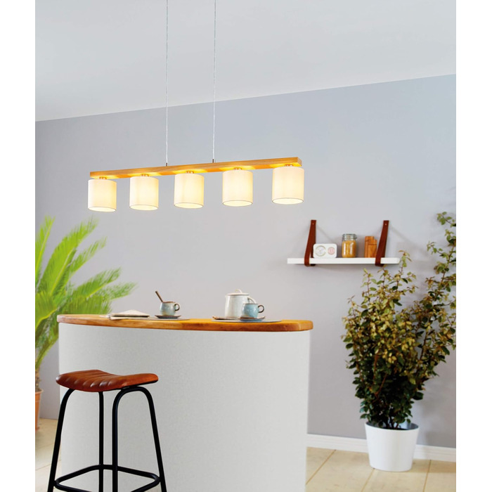 Підвісний світильник EGLO Castralvo, підвісний світильник обідній стіл на 5 світильників, підвісний світильник зі скла бурштину та дерева на природі, світильник для їдальні підвісний, цоколь E27, 121 см (підвісний світильник 5-flammigwei )