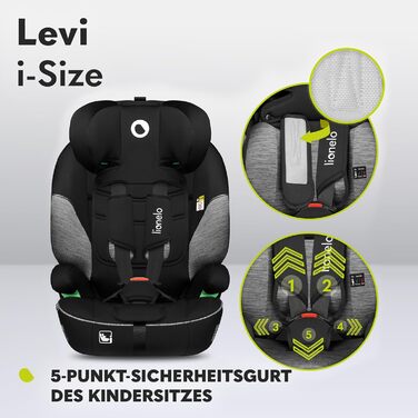 Автокрісло Lionelo Levi i-Size 76-150см R129, група 1/2/3, чорно-сірий, з Memory Foam та Dri-Seat
