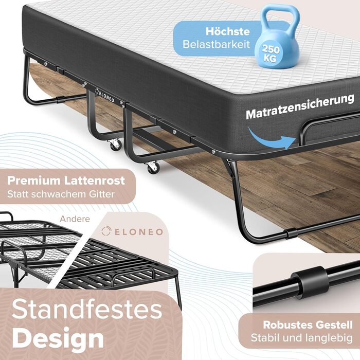 Розкладне ліжко ELONEO 80x200 см з преміум-матрацом, металевий каркас, витримує до 250 кг, гостьове ліжко на колесах з захисним чохлом