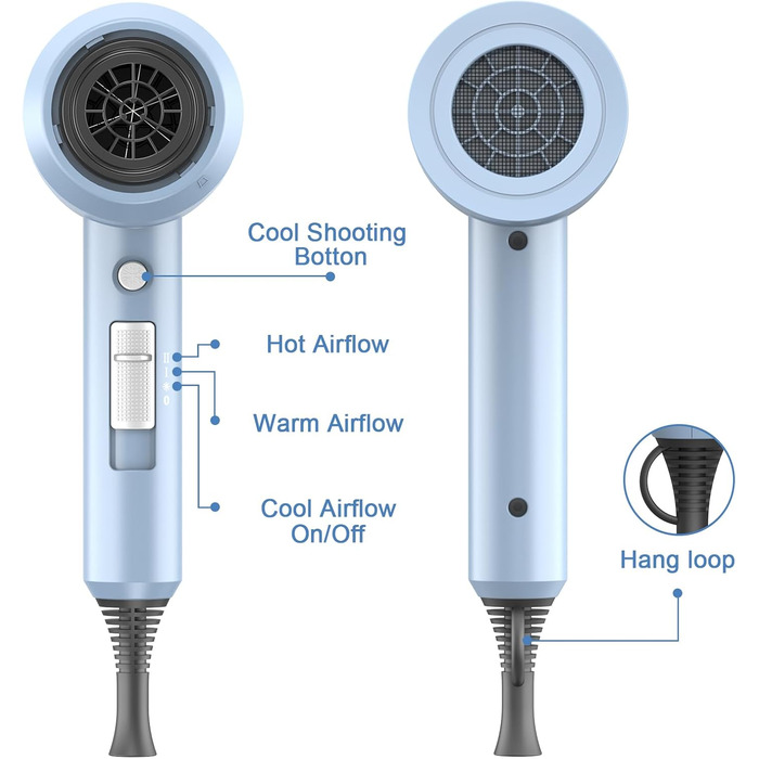 Іонний фен для волосся Slopehill 1800W для швидкого сушіння, професійний салонний фен з 3 насадками-концентраторами, дифузором, 3 режимами температури та 2 швидкостями (матовий синій)