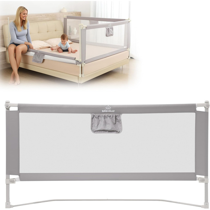 Бортики для ліжка дитячі 3 шт., захисні грати на ліжко для малюків (2x200 см + 1x180 см), сірі, складані