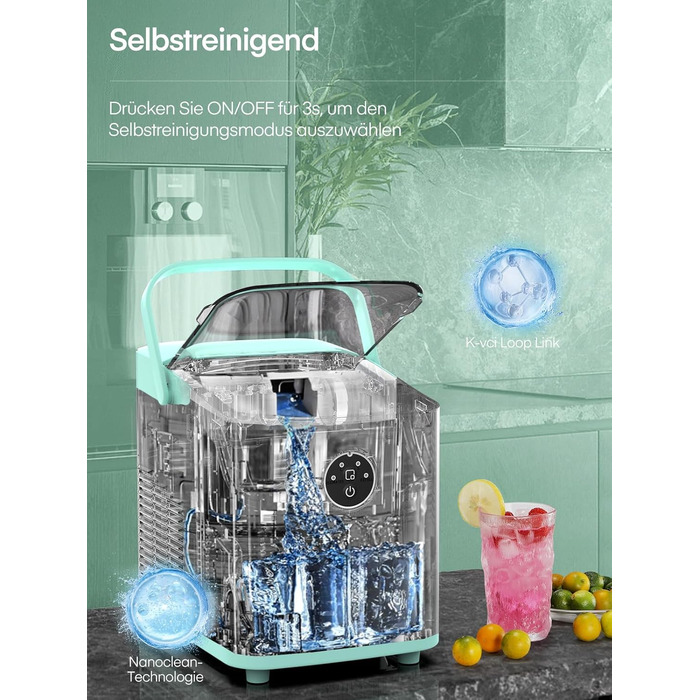 Льодогенератор FOHERE 14 кг/добу, швидке виробництво льоду (5 хв), 2 розміри кулеподібного льоду, самоочищення, м'ятний колір