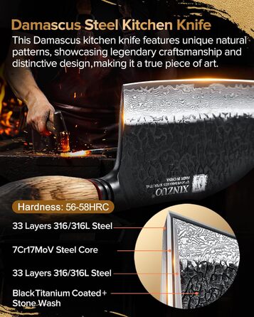 Ніж кухарський XINZUO Damaststahl 19,3 см з фінішною обробкою Hammer, професійний, з нержавіючої сталі Дамаск, з ергономічною ручкою з білого дуба, серія Mo