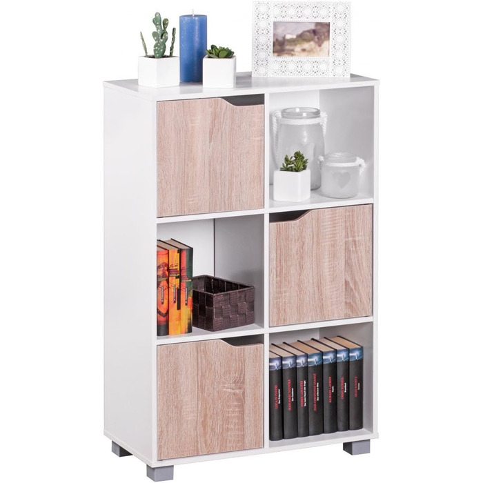 Книжкова шафа FineBuy Design MASSA Modern Wood White з дверцятами Дуб Сонома Відсіки для зберігання Окремо стояча полиця Розмір на вибір