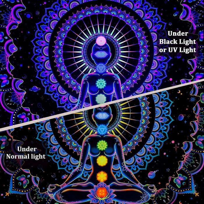Ніч Грибного Місяця Гобелен, що світиться в темряві - Чорне світло під ультрафіолетовим реактивним яскравим чорним неоновим світлом - Психоделічне світло в темряві Настінна тканина - 200 x 150 см (чакра)