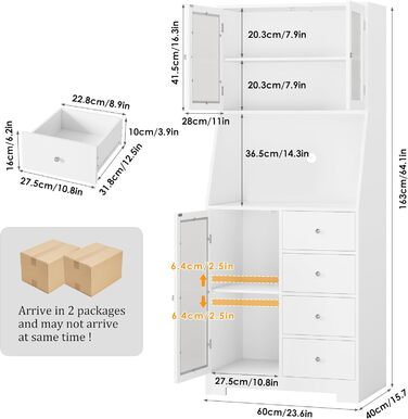 Кухонна шафа HOCSOK 163 см з робочою поверхнею, буфет, шафа для зберігання продуктів, 3 дверцята та 4 висувні ящики, висока шафа для кухні, вітальні, їдальні, бару, білий колір