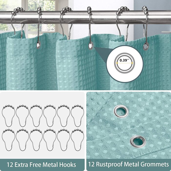Вафельна фіранка для душу з металевими кільцями, тканинна текстильна завіса для ванни, набір водонепроникних завісок для ванної, щільна завіса для душу, ванна кімната - 92 x 182 см (білий) (вафельно-Бірюзовий, 182 x 182 см (WxH))