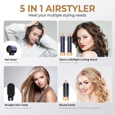 В 1, Hairstyler Hair Styler Набір щіток з теплим повітрям, Щітки для укладання Airstyler з автоматичною плойкою, Масажна щітка з теплим повітрям, Щітка для випрямлення волосся (Bluegold), 6