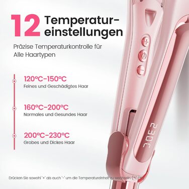 Випрямляч для волосся 2-в-1 Dekuri: випрямлення та завивання, титанова пластина, швидкий нагрів 30с, LED дисплей, іонізація, 120-230°C, чорний/рожевий