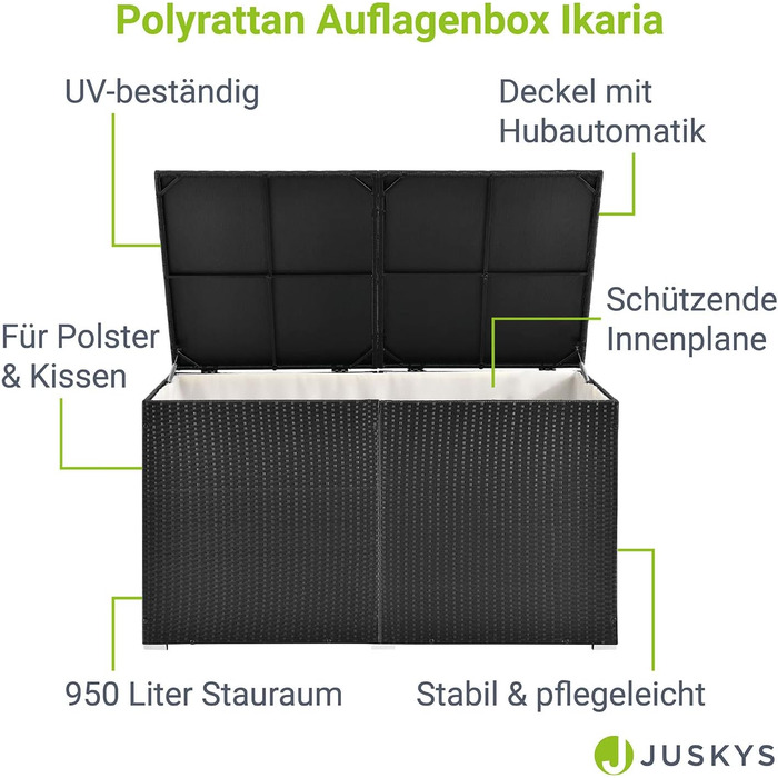 Ящик для подушок Juskys Ikaria 950л з кришкою з автопідйомом та внутрішньою підкладкою - Садова скриня 145x82x79 см чорна