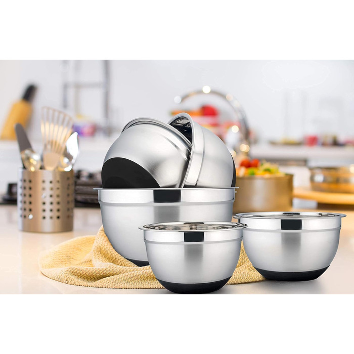 Набір мисок Homikit, 5 шт. з нержавіючої сталі, з кришкою та силіконовим дном, мультифункціональний, для салатів, 6.6L / 3.5L / 2.5L / 1.5L / 1L, чорний
