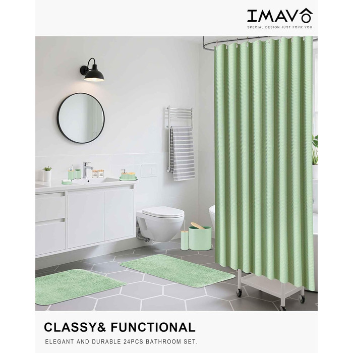 Набір аксесуарів для ванної кімнати IMAVO, 9 предметів: сміттєвий бак, дозатор мила, мильниця, тримач для зубних щіток, стакан для зубних щіток, тримач для унітазного йоржика, дозатор для ватних паличок (зелений, 26 предметів + шторка для душу з текстурою