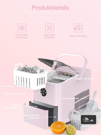 Льодогенератор Fohere 14 кг/24 год, рожевий: швидке виробництво льоду (5 хв), 2 розміри кулеподібного льоду, самоочищення, з ручкою та лопаткою для льоду