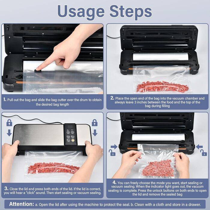 Вакууматор 8-в-1 для сухої та вологої їжі, вакуумний пакувальник 80 кПа з вбудованим різаком, відсіком для пакетів та цифровим таймером (Чорний)