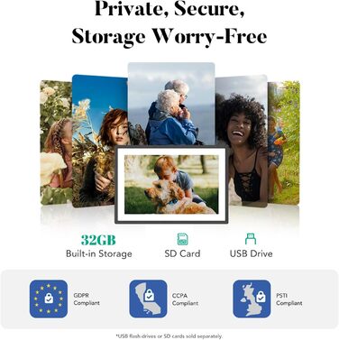 Цифрова фоторамка Lexar 10.1 дюйма IPS Touch Screen, Wi-Fi, 32 ГБ, підтримка Frameo, антибліковий екран, чорна