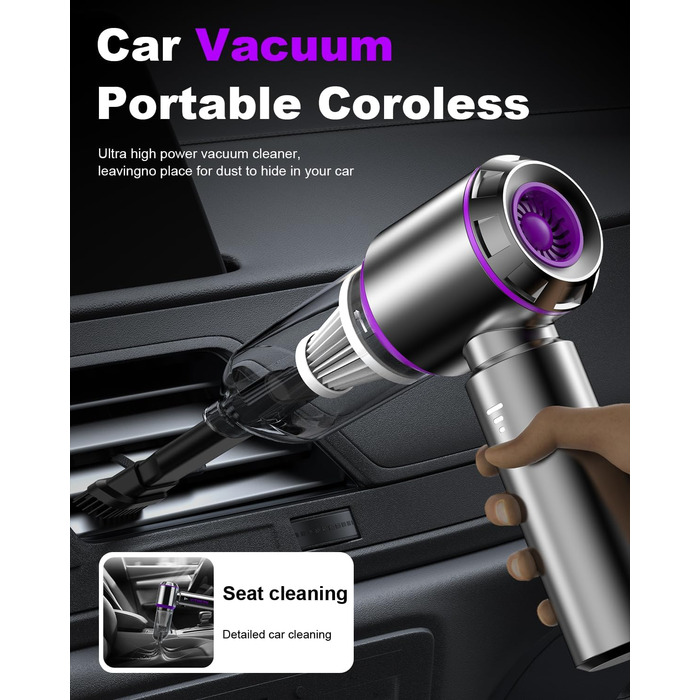 Акумуляторний ручний пилосос KITBEZN для авто та дому, безщітковий двигун, 26000Па, 3 режими потужності, бездротовий, фіолетовий