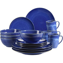 Набір посуду MSER 931545 Ossia на 4 персони в середземноморському вінтажному стилі, комбінований сервіз із 16 предметів, кераміка (темно-синій)