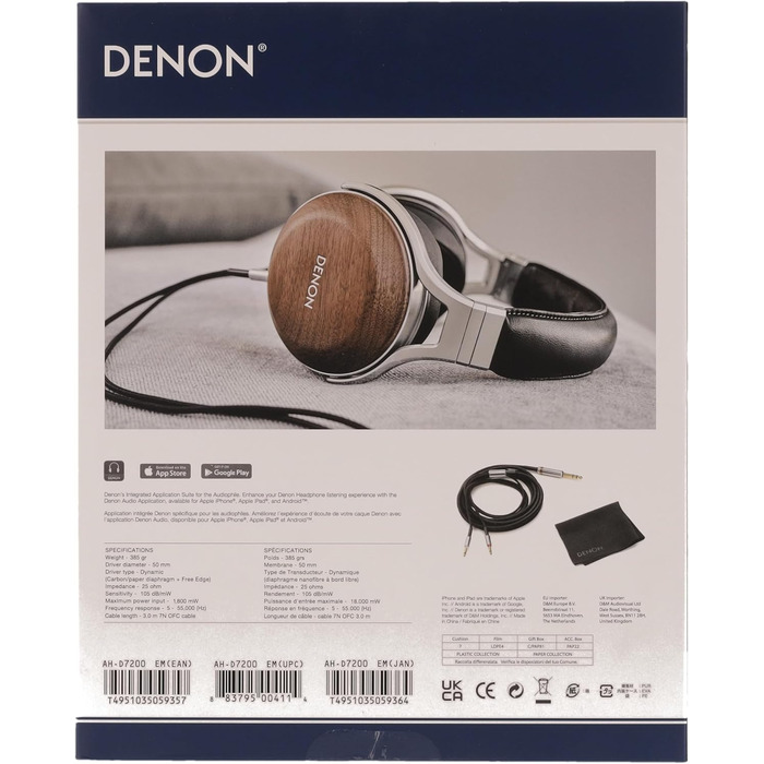 Накладні HiFi навушники Denon AH-D7200 преміум-класу, горіхове дерево, висока роздільна здатність, динамік 50 мм, знімний кабель