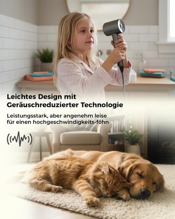 Професійний фен для волосся з дифузором та 5 насадками, іонний, 1600W, безщітковий мотор, низький рівень шуму, сріблясто-сірий