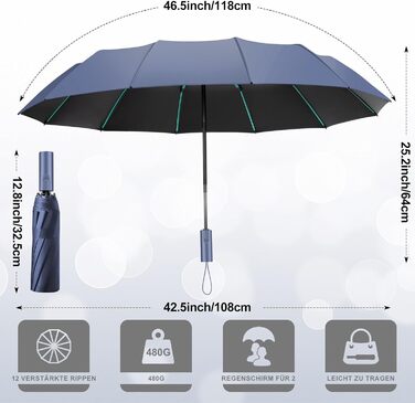 Штормонепроникна складна парасолька, 12 ребер, складна, для дощу та сонця, автомобіля, гольфу, чоловіків і жінок (синій)