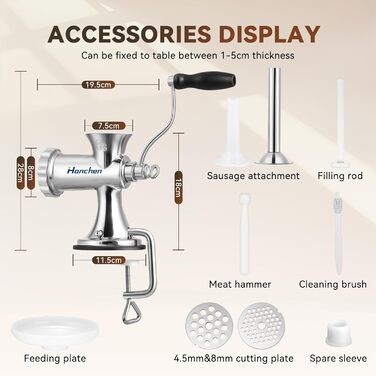 М'ясорубка ручна Hanchen з нержавіючої сталі з присоскою, насадкою для ковбас та 2 дисками, посудомийна, для м'яса та овочів