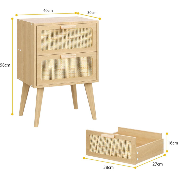 Приліжкова тумбочка з ротангу, дерев'яна з 2 висувними ящиками, декорована ручною роботою з ротангу, бохо-стиль, тумбочка для вітальні/спальні з місцем для зберігання, DECTG59Y