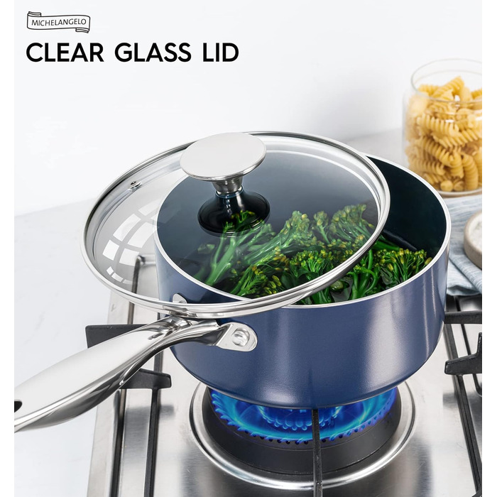 Набір каструль Michelangelo з керамічним антипригарним покриттям, 1,5 л, 2 л, 3 л, з кришкою, блакитний (1,2 л)
