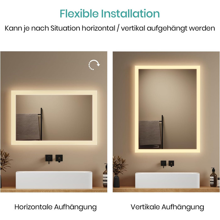 Дзеркало для ванної кімнати EMKE® з підсвічуванням 80x60 см, тепле біле світло 3000K, вимикач, вертикальна/горизонтальна установка, IP44, енергозберігаюче