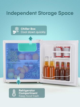 Міні-холодильник FOHERE 46L з відділенням для льоду | Компактний холодильник з регулюванням температури, енергозберігаючий, тихий | Ідеальний для офісу, кемпінгу та геймінгу | Змінний бік відкривання дверцят | Білий