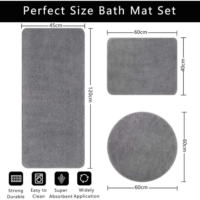 Комплект килимків для ванної кімнати Famibay: неслизькі, м'які, швидковисихаючі, сірого кольору. 3 шт. (40x60 + 45x120 + 60x60 см)