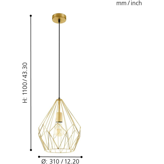 Підвісний світильник EGLO Carlton, вінтажний підвісний світильник на 1 полум'я, ретро підвісний світильник з металу в золотому матовому кольорі, цоколь E27