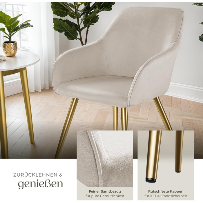 Крісло tectake® для вітальні та обідньої кімнати: зручне крісло з підлокітниками, оббивка з велюру, набір 4 шт. (Taupe/Gold)