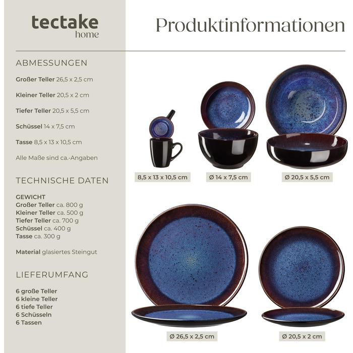 Набір посуду Tectake 30 предметів для 6 осіб, керамічний посуд, набір тарілок, мисок та чашок, придатний для миття в посудомийній машині та використання в мікрохвильовій печі - (Abyss Blue)
