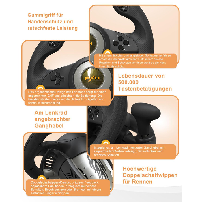 PXN V3 Pro Ігровий кермо з педалями для ПК, PS4, PS3, Xbox, Nintendo Switch. 180° поворот, вібрація, педалі, перемикачі швидкостей - Чорний