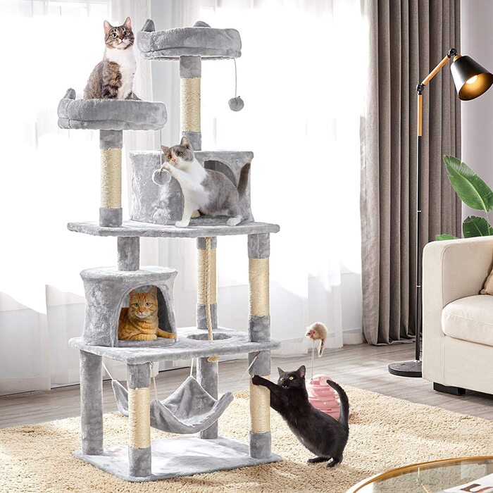 Кігтеточка для котів Yaheetech Cat Tree 158 см Kartzenbaum Cat, з 2 будиночками для кішок і 2 платформами, меблі для кішок з сизалю стайня, світло-сірого кольору