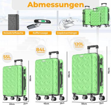 Набір валіз KESSER® 3 шт. | ABS валізи з кодовим замком, ваговою шалькою та органайзером для документів, 360° колеса | Ручна поклажа та великі валізи для подорожей та бізнесу (Apple Green)