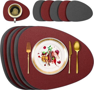 Набір з 6 підставників під тарілки, миючіся з підставками, двосторонні, з імітацією шкіри, водонепроникні, для обіднього столу, кухні, ресторану та дому (червоний)