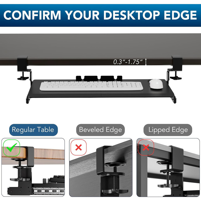 Висувна підставка для клавіатури під стіл з К-кріпленням, великого формату, стійка, ковзна платформа 838 мм x 280 мм, висувна платформа для комп'ютера (Чорний)