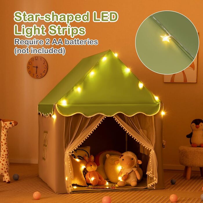 Дитячий намет HOMASIS для гри в приміщенні, ігровий будиночок з килимком, зірками та вікнами, з подвійним занавісом, намет для дівчаток та хлопчиків, намет- tipi (зелений)