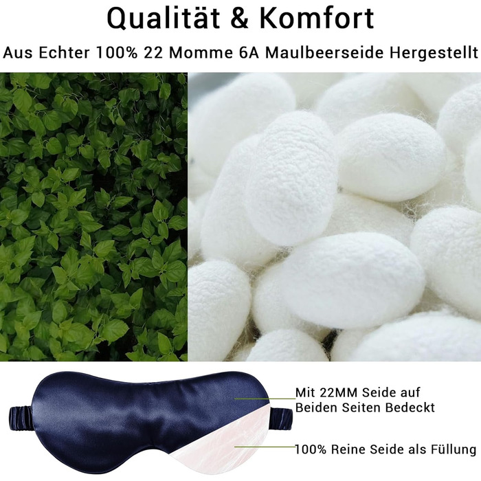 Сліпиця для сну з 100% натурального шовку морської кульбаби (22 momme), для сну, прохолоди, комфорту та повного затемнення. Шовкова стрічка, чиста шовкова наповнювач (Морська синя) - справжній 22 мм