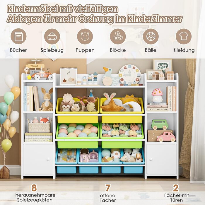 FOREHILL Дитяча полиця з 8 ящиками, дитячий шафа, книжкова полиця для дітей, органайзер для іграшок, меблі для дитячої кімнати, 138,8 x 94,3 x 29,6 см, білий (білий з зеленим)