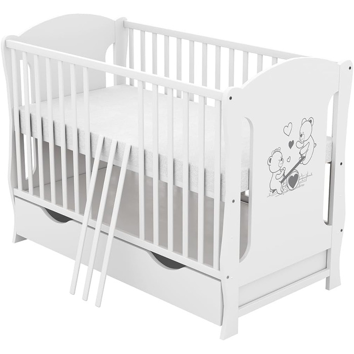 Дитяче ліжко Baby Delux 60x120 біле розкладне молодше ліжко з ящиком, матрацом і мотивом Teddy Rocker