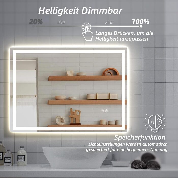 Дзеркало для ванної кімнати HySail з підсвічуванням, 5 мм, висока роздільна здатність, срібне покриття, 3 колірні температури та регульована яскравість, з сенсорним вимикачем та антизапарюючим покриттям, прямокутна форма (100 x 60 см)