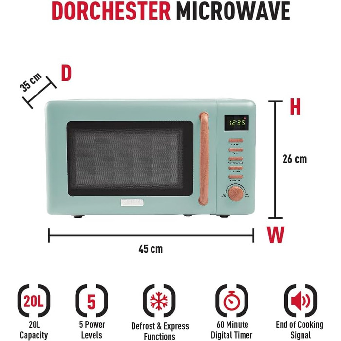 Мікрохвильова піч Haden Dorchester функції розморожування, розігрівання та приготування, 800 Вт, 20 л, односпальне ліжко Sage Green