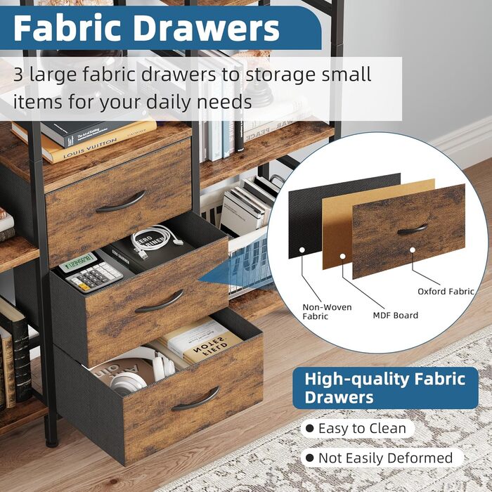 Стильна полиця-стеллаж з 4 висувними ящиками з тканини, 100W x 142Hcm, для книг, кухні, вітальні, офісу, балкону, в індустріальному стилі (4 яруси, 120cm, рустикальне дерево)