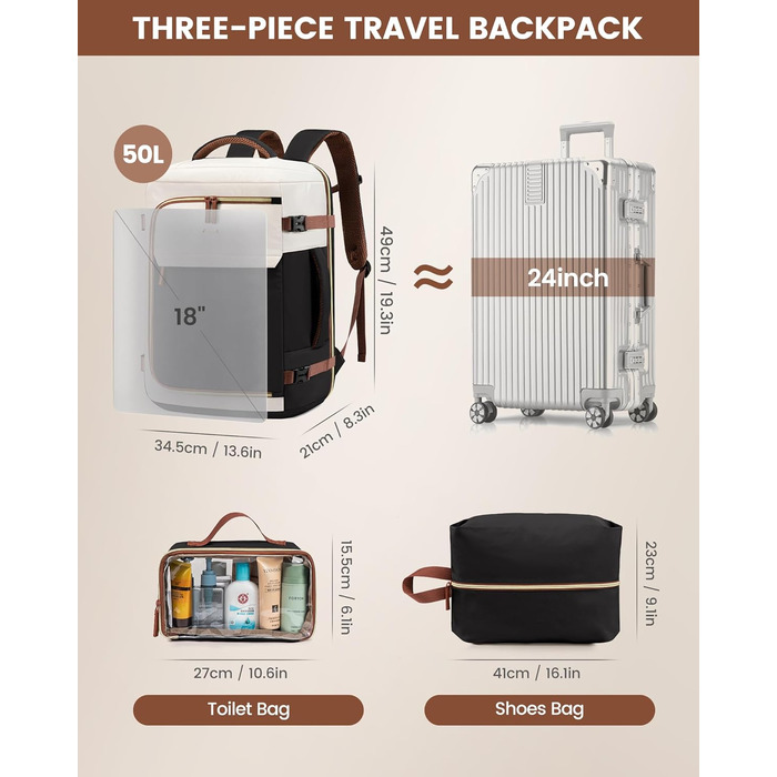 Рюкзак для подорожей LOVEVOOK, 40L, ручна поклажа, для жінок, бізнес, школа, Beige Khaki