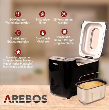 Хлібопечка Arebos 1500г | 15 програм | Таймер | LCD дисплей | 850 Вт | Чорний