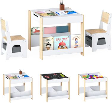 Детский стол со стульями COSTWAY 3 в 1, деревянная мебель для детей от 3 лет с откидной столешницей, полкой и ящиками