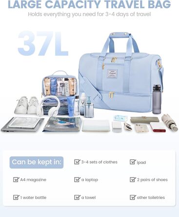 Спортивна сумка LOVEVOOK: дорожня, для вихідних, з відділенням для взуття та мокрих речей, водонепроникна, для пляжу, сауни, ручної поклажі, зелена (M, світло-блакитний)