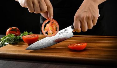 Японський кухонний ніж FANTECK Gyuto з дамаської сталі 20 см (67 шарів VG-10) з дерев'яною ручкою, професійний ніж для кухні, подарункова коробка